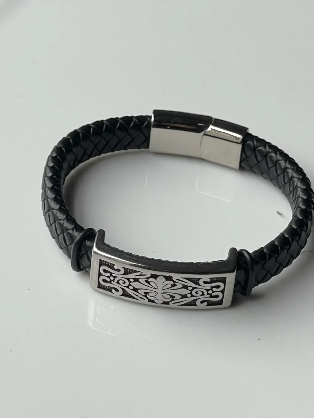 Black Braided Leather Men's Bracelet with Silver Accent